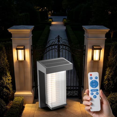 Image of Lightdot 2-Pack Square Solar Wall Lights, Dusk to Dawn with Remote Control | 3000K Warm White 300LM Waterproof Solar Exterior Lamp for Yard, Walkway, Garage, Fence