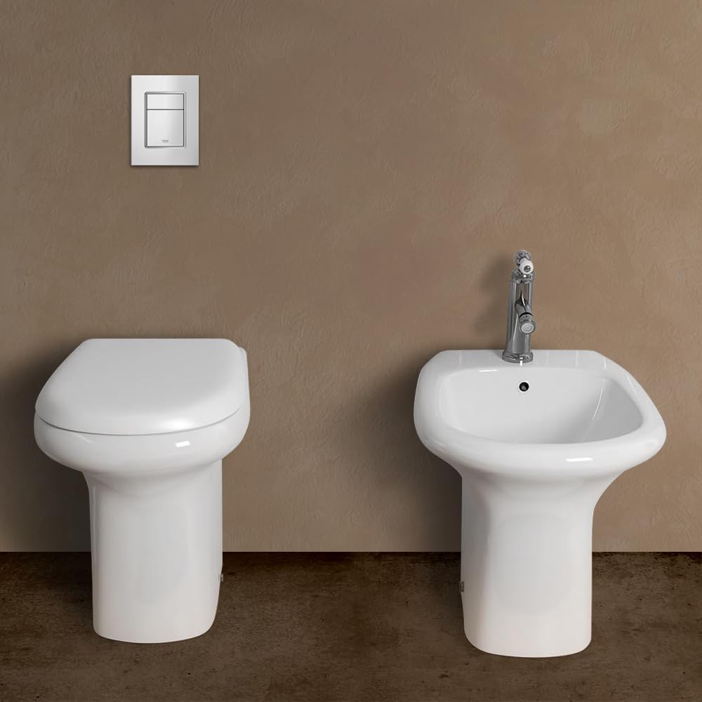 Set sanitari tradizionali serie Orient, wc con brida e scarico a pavimento, sedile incluso modello avvolgente