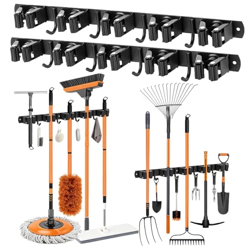 2 Pièces Accroche Balai Mural, Porte Balai Mural en Acier Inoxydable avec 10 Supports et 8 Crochets, Porte Balai avec Percage ou Adhésif Sans Percage pour...