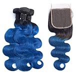 1b/blue Body Wave Bundles with Closure 2 Tone Ombre Hair 3 Bundles With Closure Brazilian Remy Human Hair Body Weft Ombre Human Hair Bundles 1b/Blue Black to Blue (12 14 16+10, 1/Blue Body)
