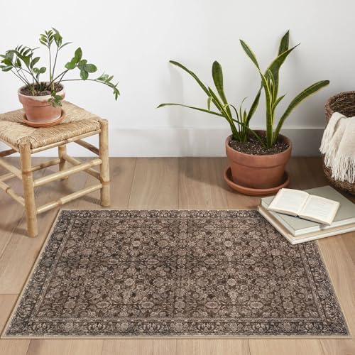 2x3 Rust Washable Rug Soft Area Rug for Entryway, Non-Slip Indoor Door Mat Distressed Floral Low-Pile Kitchen Rugs, Neutral Vintage Carpet for Entrance Kitchen Bedside Farmhouse