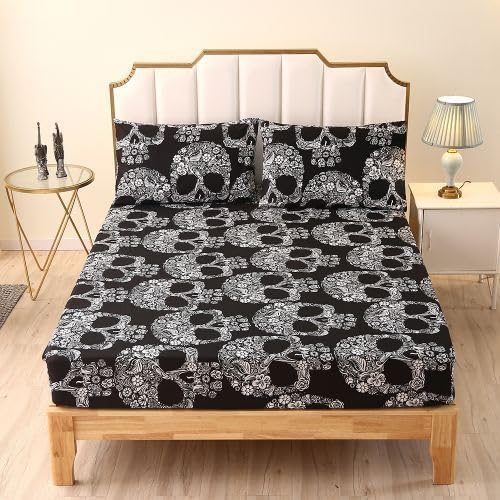 Sdiii 3Pcs Goth Skull Full Fitted Sheet Set, 1 Fitted Sheet And 2 Pillowcases, Excluding Flat Sheet, Bed In A Bag Gothic Bedding Sheet thumb #2