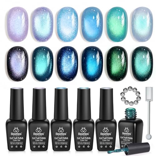 Image of Beetles Cat Eye Gel Nail Polish Set - Lunar Mermaid 6 Colors Summer Gel Nail Polish Kit Glitter Blue Purple Navy Blue Teal Colors Magnetic Shine Soak Off UV Salon DIY Manicure Gift for Women