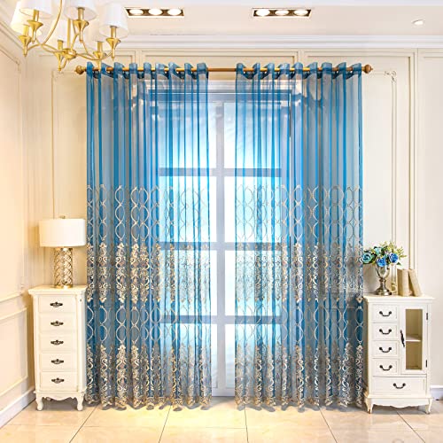 Elkca Peacock Blue Sheer Curtains With Circle Embroidered For Living Room Luxury Tulle Curtains For Bedroom,52Inch By 96Inch,Grommet Top,2 Panels #TOP1