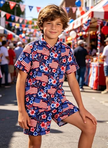 Image of UNICOMIDEA Boys 4th of July Outfits Kids Patriotic Independence Day Tropical Short Sets for 5-12 Years