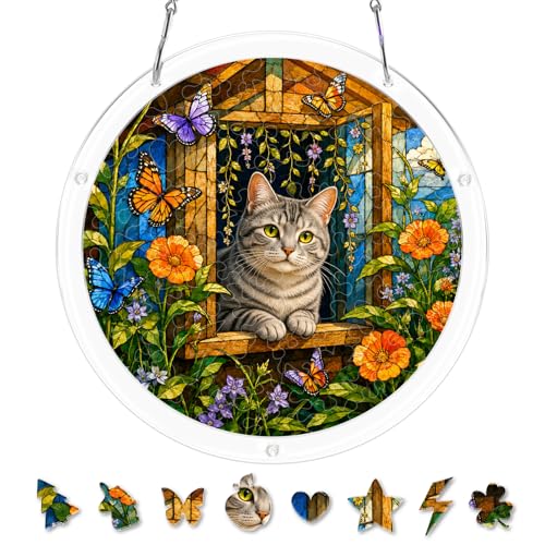 Acrylic Jigsaw Puzzle Suncatcher, 81-Piece Gray Tabby Cat Sun Catcher Kit Crafts for Adults, 8.2 Inch Window Hanging Decor for Home Garden Gifts