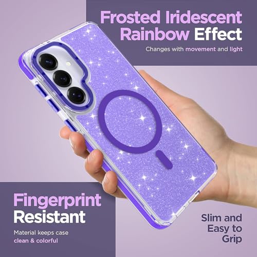 Image of Magnetic Case for Samsung Galaxy S26 Plus [Compatible with Magsafe] [Bling Glitter Fluorescent Design] [1 Screen Protector] Slim Translucent Matte Case for Galaxy S26 Plus 6.7 inch, Purple