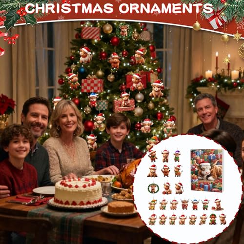 Christmas Calendar - 24 Days Countdown Calendar, Adveent Calendars, 2D Acrylic Cute Highland Cow Ornament Planner For Vacation Home Family Tree Window Wall Door Car Rearview Mirror Decoration - Image 4