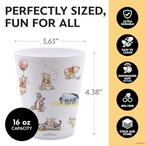 Image of Disney Winnie the Pooh Plastic Drinking Glasses, Dishwasher Safe, 4-Pack | 16 oz, unbreakable, reusable, BPA-free, stackable to save space, great for water, juice, and family meals