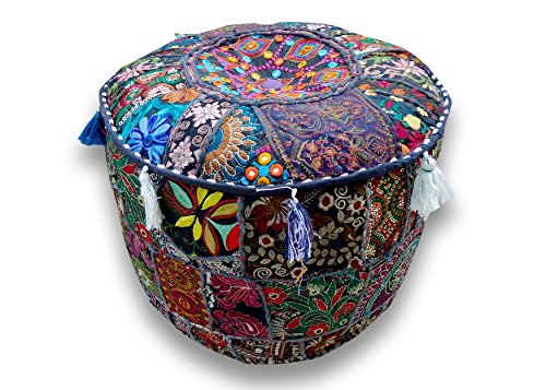 Sophia-Art Indian Embroidered Patchwork Cover Indian Decorative Pouf Indian Comfortable Floor Cotton Cushion Ottoman Pouf,Indian Designs Ethnic Patchwork Pouf (Dark Green, 14