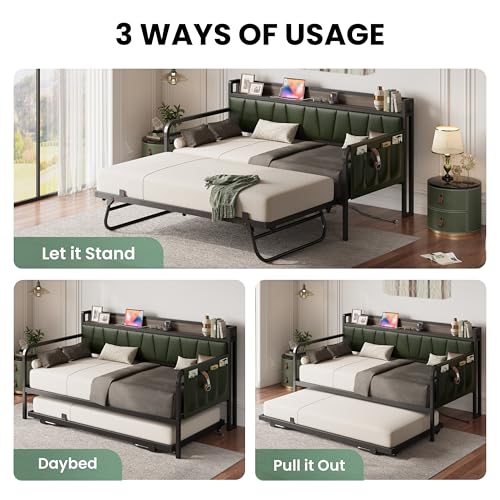 Image of LIKIMIO Twin Daybed, Day Bed with Trundle, Storage Upholstered Headboard and Charging Station, Trundle Bed with Strong Supports for Living Room, Bedroom, and Guest Room, Dark Green