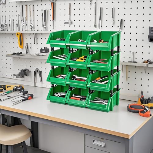 HOIGON-12-Pack-Garage-Storage-Tool-Bin-Green-Plastic-Hanging-Stacking-Stackable-Organizer-Storage-Rack-for-Hardware-Tools-Organization-Workshop-Small-Parts-709-x-472-x-315-Inch