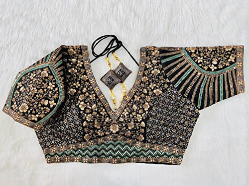 Image of Pujia Mills Mills Women's Fancy Readymade Heavy Coding Embroidary Worked Half Sleeve Multicolor Saree Blouse(Mushroom)