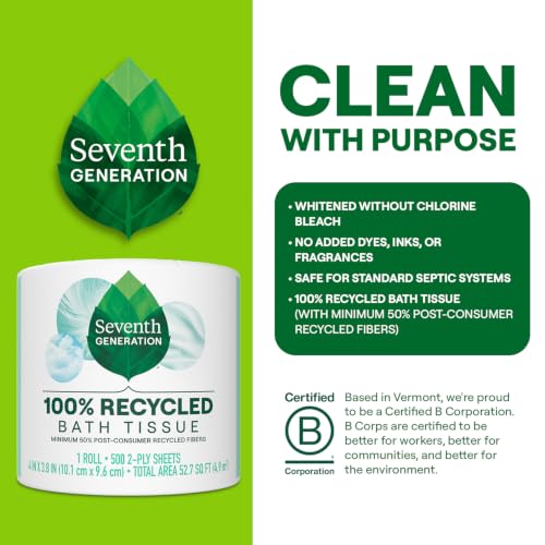 Image of Seventh Generation White Toilet Paper 2-ply 100% Recycled Paper, 500 sheets, Pack of 60 | 500 Sheets Per Roll, Extra Soft & Strong for Home & RV, Whitened without Chlorine Bleach, No Dyes or Fragrances, Septic Safe
