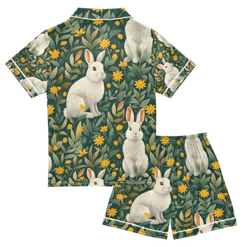 senya Flower Rabbit Yellow F Satin Summer Pajama Sets Silk Short Sleeve Button Down Sleepwear2