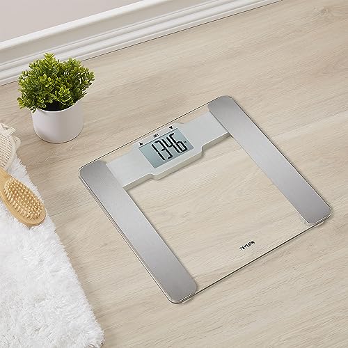 Image of Taylor Digital Glass Bathroom Scale with Body Fat, Body Water and Muscle Mass Analysis - Clear Tempered Glass Platform, 400 lb Capacity, Large Display, Stainless Steel Accents