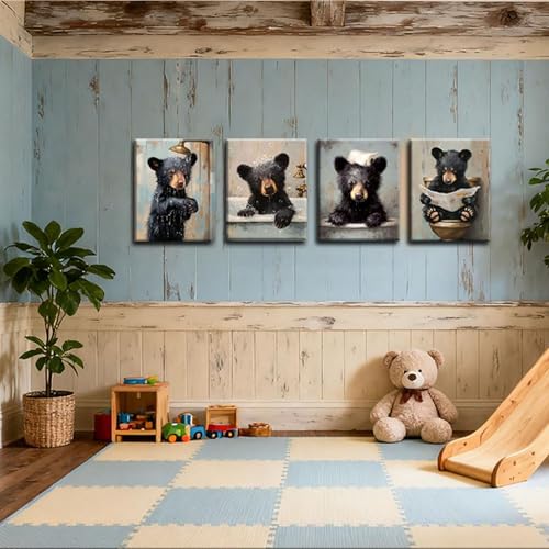 Image of Frimeeme Framed Funny Bear Bathroom Canvas Wall Art, Set 4, 8x10 Inches