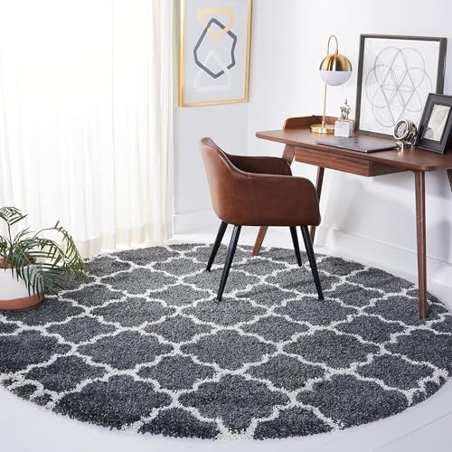 Image of Modern Shaggy Round Rug | Ultra-Soft Plush Circle Carpet for Living Room, Bedroom, Nursery | Fuzzy, Fluffy Area Rug with Non-Slip Base (Grey M II, 4x4 feet, Round)