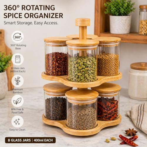 Image of 360 Rotating Spice Rack Organiser, 2-Tier Bamboo Stand with 8 Glass Jars, 250ml Each, BPA Free, Kitchen Storage