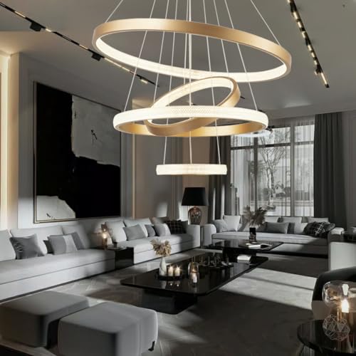 Lustre en cristal doré à 4 anneaux Lustre moderne en cristal à LED, appareil d'éclairage pour le plafond, luxueux grand plafonnier moderne à intensité...