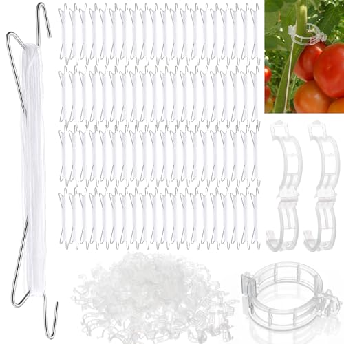 Hushee 100 Pack Tomato Hooks with 200 Garden Clips & 32.8ft String Tomato Hooks for Climbing Plants Heavy Duty Plant Support Kit for Greenhouse Vegetable Plant Fruit Flower