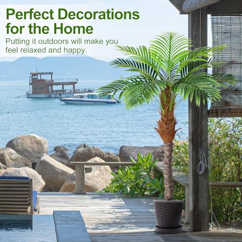 Image of 5ft Artificial Phoenix Palm Tree for Outdoor Indoor Decor, Faux Coconut Silk Palm Tree Tropical Fake Tree Plant for Outside Patio Indoor Home Office Bathroom Pool Coastal Decor (Set of 2)