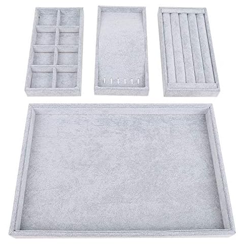STYLIFING 4 in 1 Jewelry Organizer Trays, Stackable Velvet Jewelry Tray for Drawers Ring Earring Necklace Bracelet Storage Box(Grey) Cover