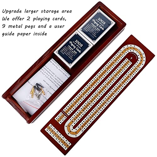 Juegoal Upgrade Wood Cribbage Board Game Set, Solid Wooden Continuous 3 Track Board With Larger Storage Area, 9 Metal Pegs And 2 Decks Of Playing Cards, Travel Portable Cribbage Game Sets #TOP2