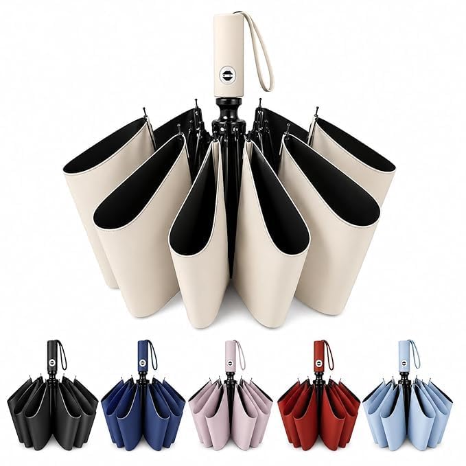 Image of LANBRELLA Portable & Folding Travel Umbrella, 3 Fold, Auto Open Close, Water Resistant, Windproof, with Carrying Handle