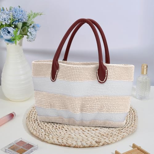 Image of ORIGACH DIY Crochet Handbag Kit for Beginners, Beige Striped Crochet Bag with PU Leather Band and Base, Include Yarn, Crochet Hooks, Markers and Instruction