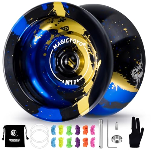 Image of MAGICYOYO N11 Professional Unresponsive Yoyo N11 Dual Purpose Alloy Trick YoYo Ball with Bag, Glove, 12 Strings and Responsive Bearing Kit (Black Blue Yellow)