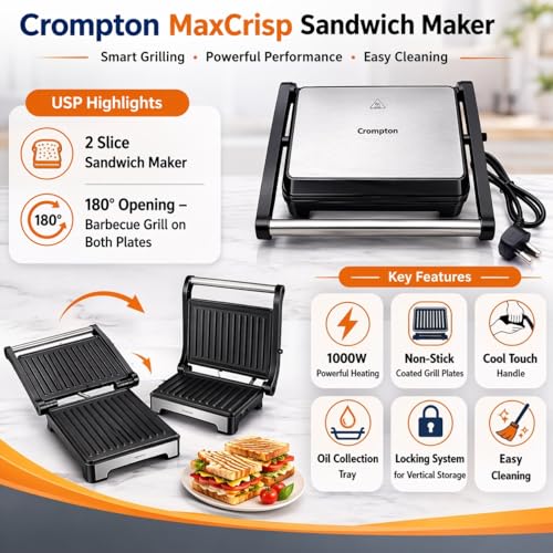 Image of Crompton ACGT-MAXCRISP2S 1000W Grill Sandwich Maker | 2 Slice Capacity | Non-Stick Grill Plates | LED Indicator | Removable Drip Tray | Non-Skid Feet | Silver (2 Slice)
