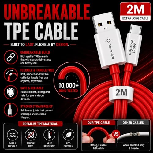 Image of Tarendra 120W 10A USB to Type-C Fast Charging Cable | 1 Meter TPE Data Cable | SuperVOOC Fast Charge & Data Sync | Compatible with OnePlus OPPO Realme Vivo Xiaomi Samsung Type-C Devices