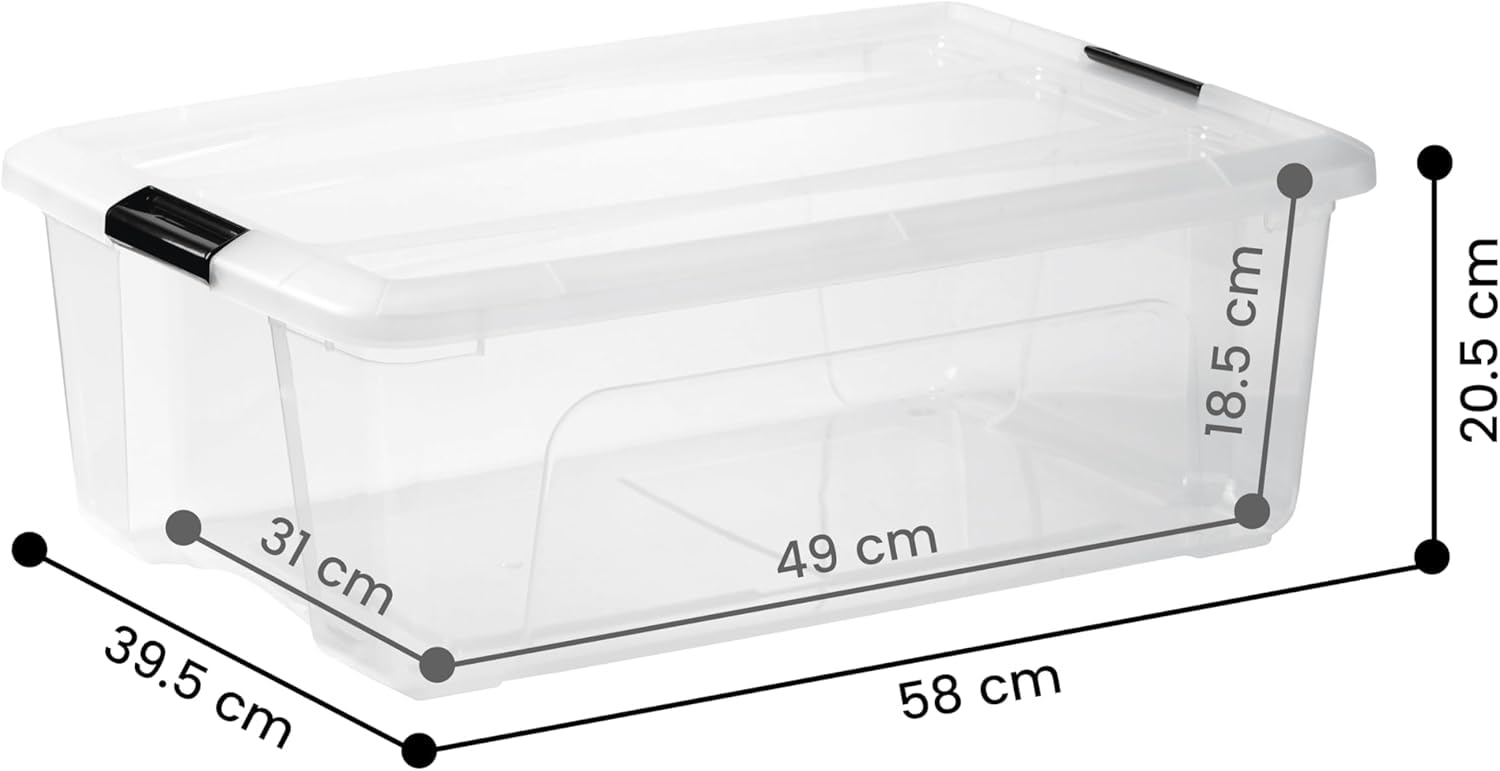 Iris Ohyama, Boite Rangement Plastique avec Couvercle, 30L, Lot de 6, Transparent, Clips de Fermeture, Poignée, Empilable, Organisation Solide & Durable, pour Chambre, Dressing, Bureau, NTB-30