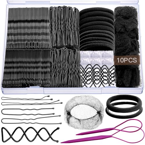 Teenitor Black Bobby Pins Hair Pins Hair Net Kit Bobby Pins for Women U Shaped Pins for Buns Hair Nets and Spiral Hair Pins Hair Ties and Hair Styling Tools for Girls Dance Ballet Competition