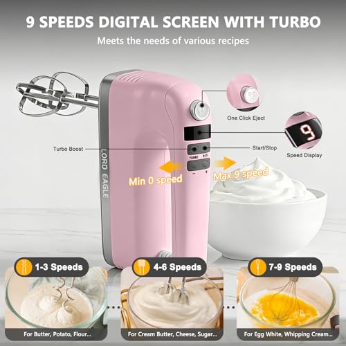 Image of Lord Eagle 9-Speed Digital Hand Mixer Electric Handheld, 500W DC Motor Kitchen Mixer for Cake Baking, Lightweight Egg Beaters with Stain-resistant & Waterproof Storage Bag & 6 Accessories, Pink