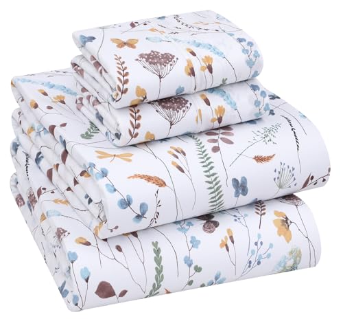 RUVANTI 100% Cotton California King Sheet Sets, 4 Pieces, Soft & Breathable Percale Weave Bedding, Deep Pocket 14", Hotel Standard, Crisp Cool Feel & Durable, Perfect Floral Sheets, Fern Class