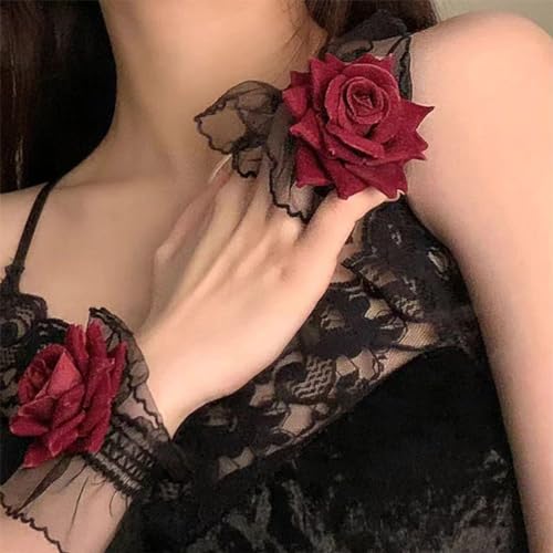 Gothic Rose Lace Gloves Hand Sleeve Black Lace Elastic Bracelet Wine Red Flower Wrist Cuff Dress Accessories for Women Girls Wedding Halloween Prom Masquerade Party Clothing 1 Pair3