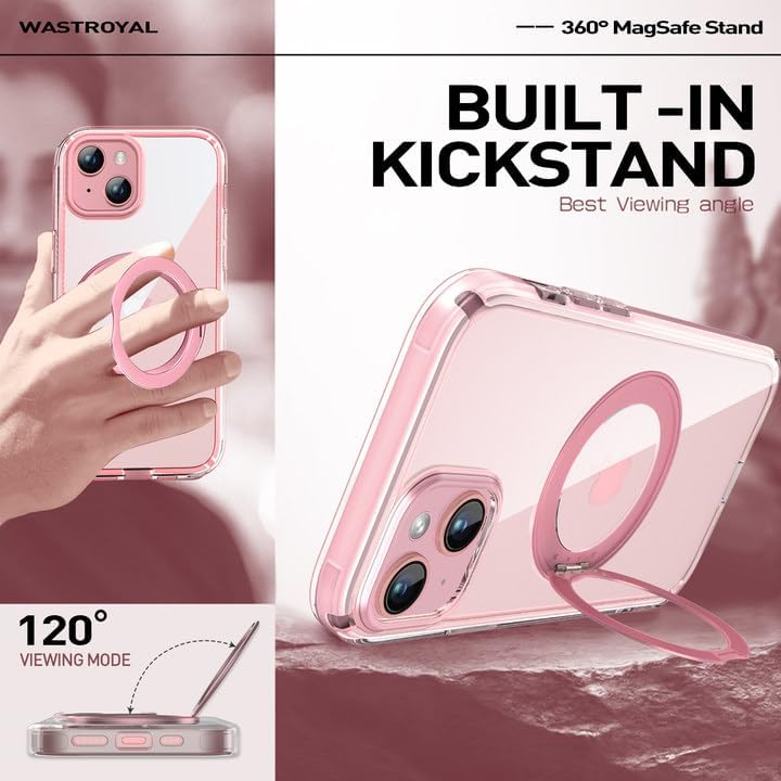 Privacy Case for iPhone 13/iPhone 14 with 360°Stand [Built-in Anti Peeping Screen Protector] [Compatible with MagSafe] [Magnetic Ring ] Full Body Protective Phone Cover 6.1", Pink - Image 4