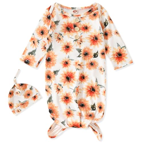 Image of AMAWMW Newborn Baby Boys Girls Cartoon Sleeper Gown Long Sleeve Mountain Nightgown Hat Outfits