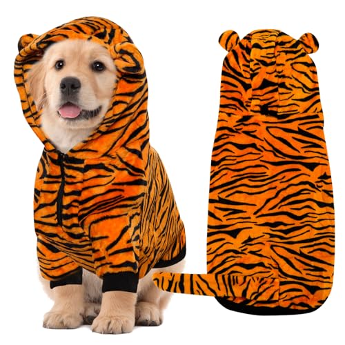 Dog Tiger Costume Halloween Dog Costume Pet Tiger Costumes Pet Warm Clothes with Hoodie for Large Dogs (Large)