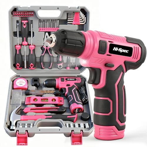 Hi-Spec Pinker Werkzeugkoffer mit Akkuschrauber. 8V USB Akkubohrschrauber, Bit set und Komplettes Werkzeugset in tragbarem Werkzeugkoffer für Frauen 74 tlg.