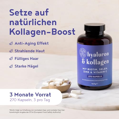 Hyaluron & Kollagen Komplex | 270 Kapseln | Hochdosiert mit Hyaluronsäure, Biotin, Selen, Zink, Vitamin C & Bambusextrakt | Hyaluron Collagen Complex | Haut, Haare, Nägel | Alpha Foods