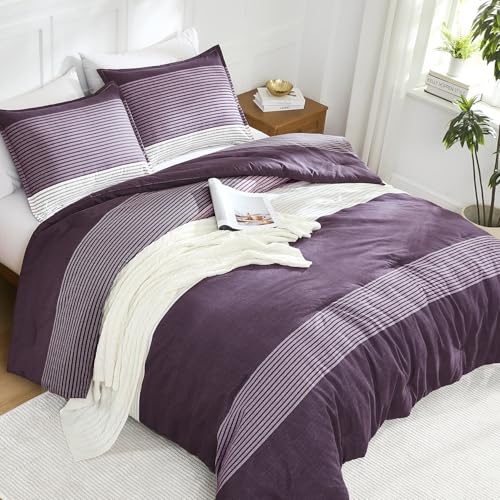 Edredón morado Queen reversible y ligero con juego de cama de rayas esponjoso 5
