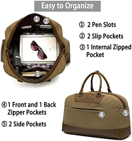 Kasqo Canvas Duffle Bag, 25.5L Waterproof Vintage Weekender Overnight Travel Carry On Large Hand Bag Shoulder Bag with Detachable Padded Shoulder Strap for Men 2 Kasqo Canvas Duffle Bag, 25.5L Waterproof Vintage Weekender Overnight Travel Carry On Large Hand Bag Shoulder Bag with Detachable Padded Shoulder Strap for Men