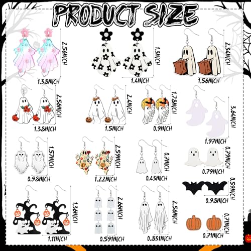 Kigeli 16 Pairs Halloween Earrings Bulk for Women Cute Gothic Ghost Pumpkin Bat Cat Earrings Dangle2
