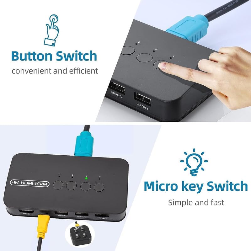 Image of COOLCOLD KVM Switch | 4 Port HDMI USB Switcher for 4 Computer Share a 4K@30Hz Monitor and 3 USB Device Keyboard Mouse Printer, Including 4 KVM Cables - Share One Monitor Between PC /Laptop /Projector