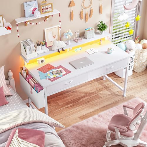 Image of DurayLoly 47.3 Inch Computer Desk with 2 Drawers & LED Lights, Home Office Desk with Side Pocket, Gaming Desk with Monitor Stand, Study Writing Table for Small Spaces, White