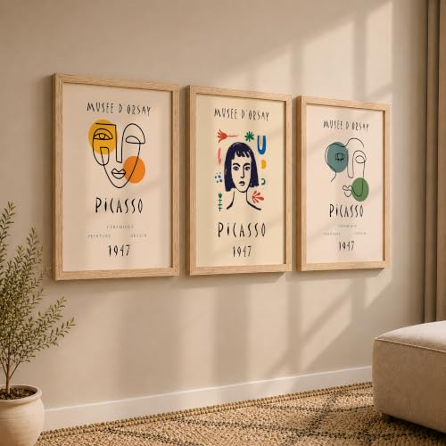 Image of NoWorries Abstract Art Wall Frame | Minimal Line Artwork Wall Paintings 300 GSM Premium Prints | Modern Museum Style Decor for Living Room, Bedroom & Office | Inspired Contemporary Abstract Synthetic Wooden Wall Art Frames (Set of-3) (NATURAL, ART-2, 21X31INCHES)