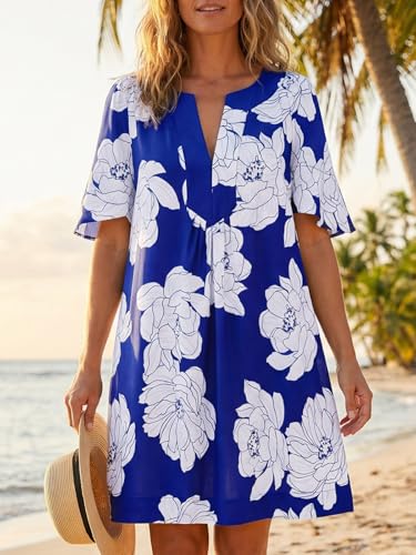 Image of Wenrine Womens Flutter Short Sleeve Mini Dress Casual V Neck Loose Flowy Summer Dresses